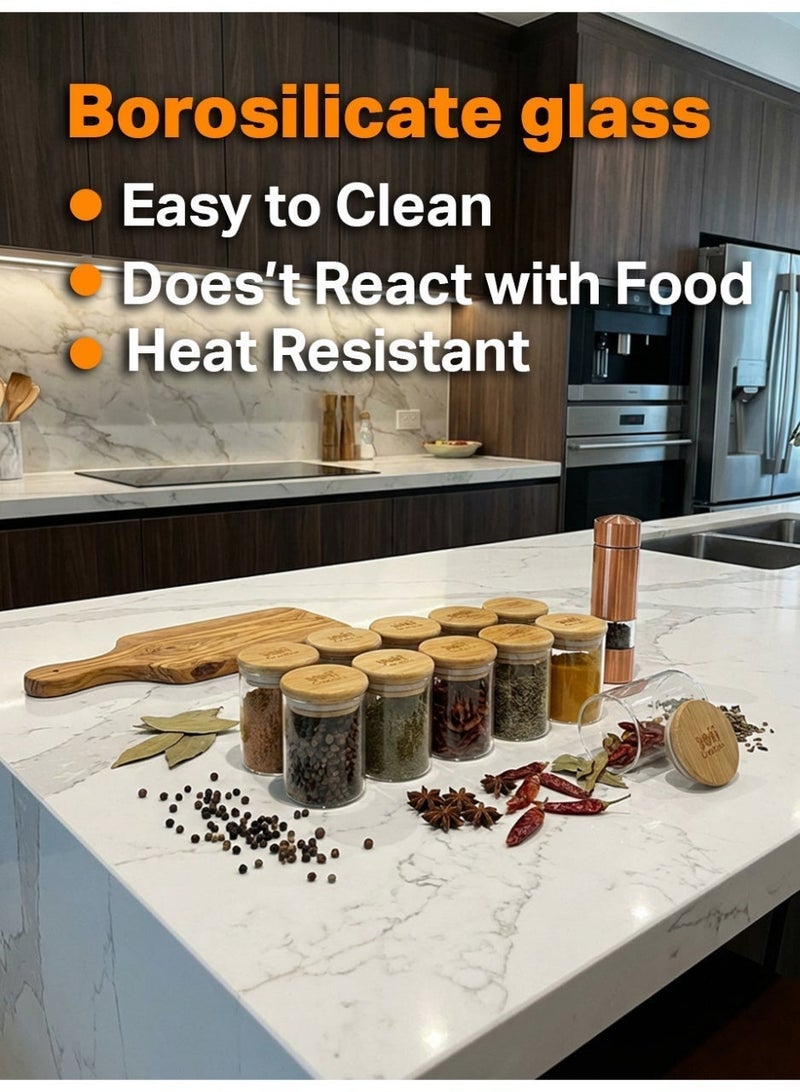 ياهـ برطمنات توابل زجاجية فاخرة محكمة الإغلاق من YAH، ١٢ قطعة، بأغطية من الخيزران - حاويات تخزين فائقة الشفافية من البورسليكات، مقاومة للرطوبة، قابلة للتكديس، مناسبة للمطبخ، والمخزن، والأعشاب، ومستلزمات الحمام. - Image 5